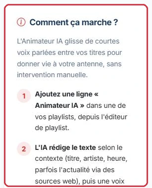 L'encart « Comment ça marche ? » : la ligne de playlist déclenche la rédaction puis la voix.