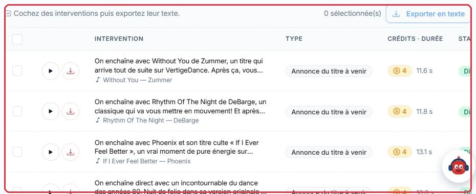 Le tableau : écoute, téléchargement, texte de l'intervention, type, crédits et durée, statut.