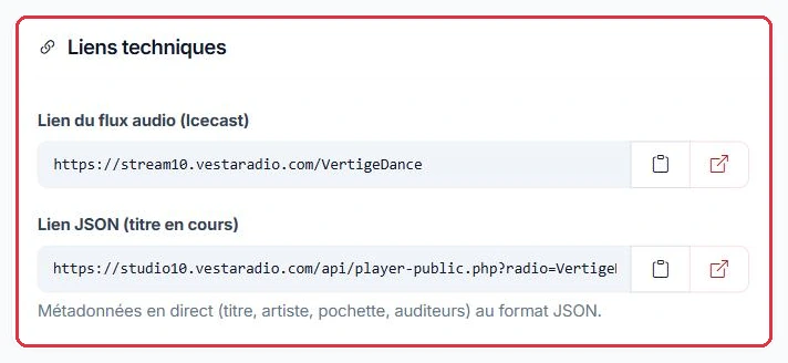 Le lien du flux Icecast et le lien JSON des métadonnées en direct