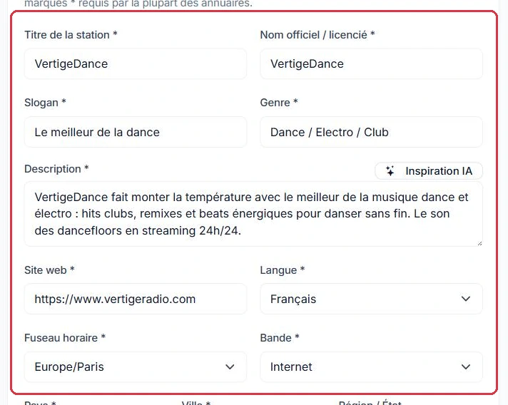 Titre, slogan, genre, description, site et langue