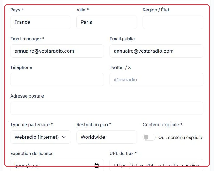 Pays, ville, emails, type de partenaire et URL du flux
