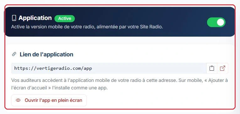 L interrupteur d activation et le lien public de l application