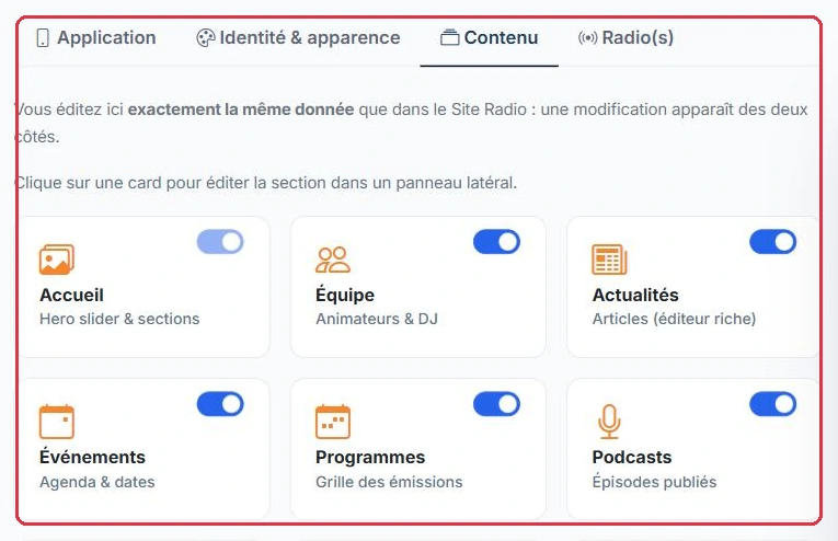 Les onglets et les cartes de contenu, communes au Site Radio et à l app