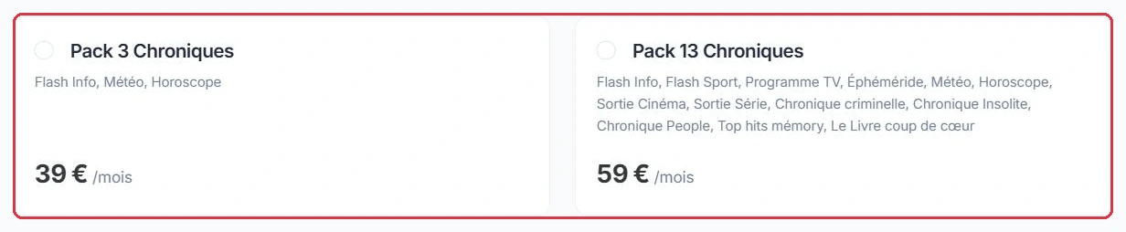 Les deux packs et le détail de leurs chroniques