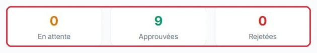 Les trois compteurs cliquables : en attente, approuvées, rejetées.