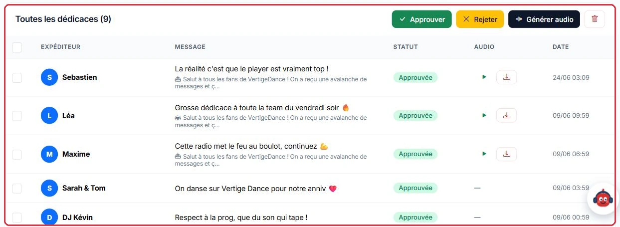 Le tableau : expéditeur, message, statut, audio généré et date.
