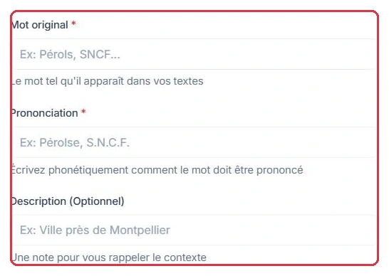 Mot original, prononciation et description facultative