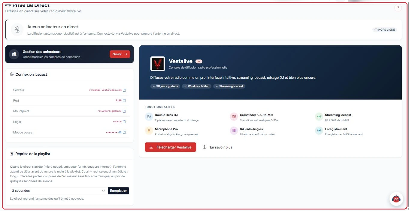 La page « Prendre le direct » en entier, dans le menu « Direct ».