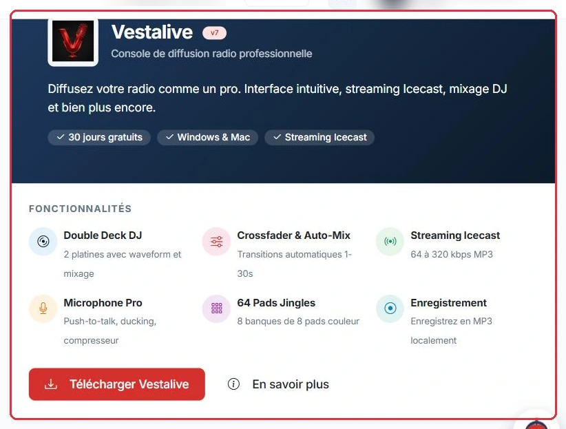 La carte Vestalive : téléchargement du logiciel et rappel de ses fonctions.