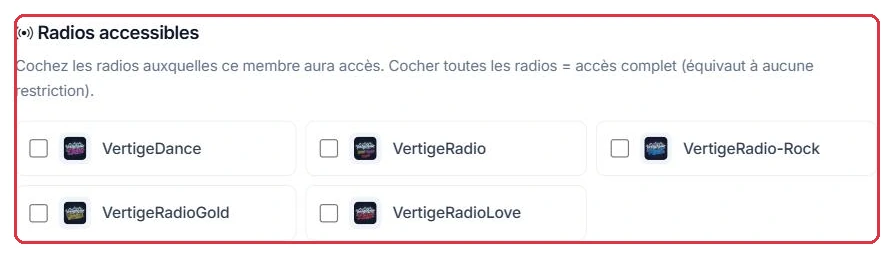 Les radios auxquelles le membre aura accès, ou « Toutes les radios »