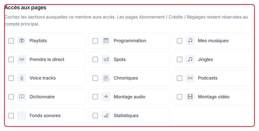 Les 14 sections cochables ; Abonnement, Crédits et Réglages restent au compte principal