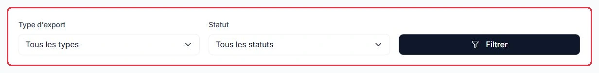 Les filtres par type et par statut, puis le bouton « Filtrer »