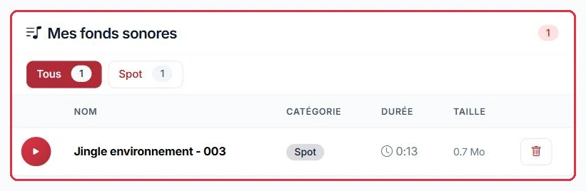 La liste « Mes fonds sonores » : lecture, catégorie, durée, taille et suppression