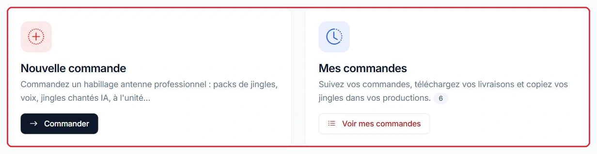 Les deux cartes : nouvelle commande, ou suivi de vos commandes