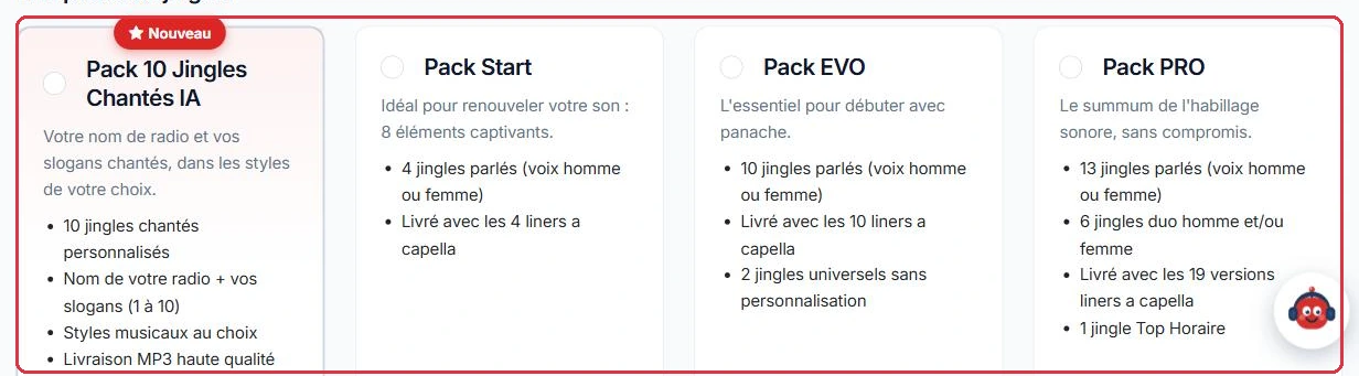 Les packs de jingles et leur contenu détaillé