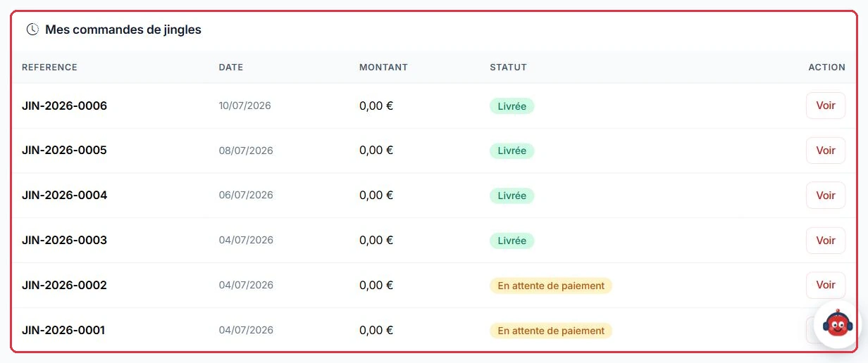 Vos commandes : référence, date, montant et statut