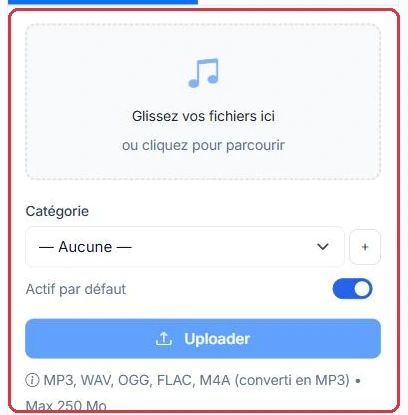 L'onglet « Uploader » : dépôt des fichiers, catégorie et formats acceptés.