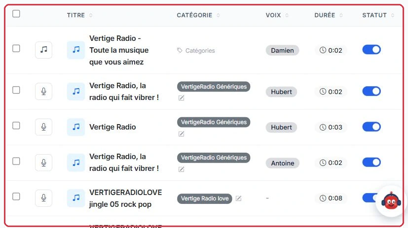La liste des jingles : titre, catégorie, voix, durée et interrupteur d'activation.