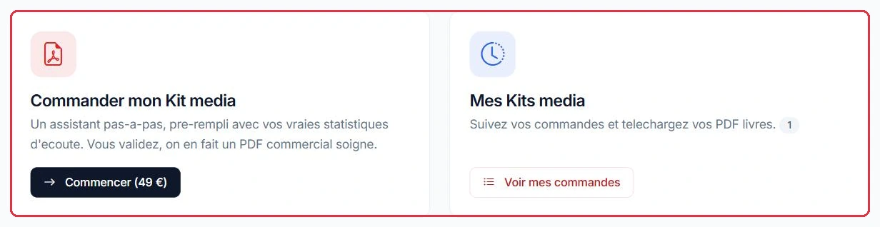 Les deux cartes : commander un kit, ou retrouver vos commandes