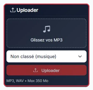 La carte « Uploader » : glissez vos fichiers, choisissez la catégorie, puis lancez l'import.