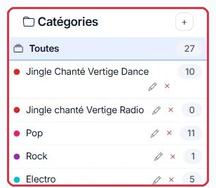 La colonne « Catégories » avec le nombre de titres de chacune, et le bouton + pour en créer une.