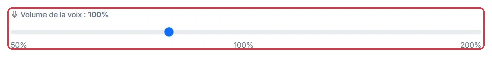 Le curseur de volume de la voix, de 50 % à 200 %