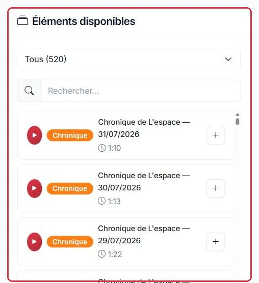 Le filtre par type, la recherche et le bouton + pour ajouter un élément