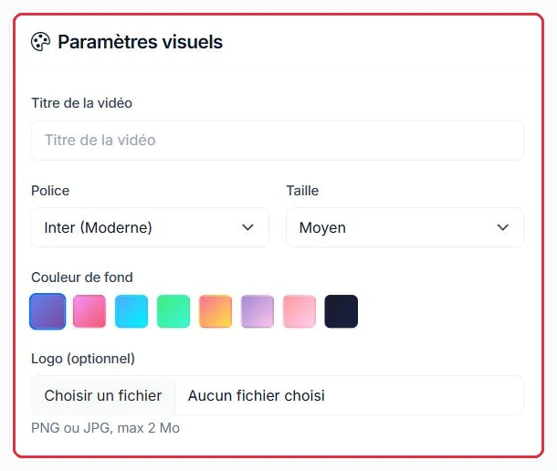 Titre, police, taille, couleur de fond et logo facultatif