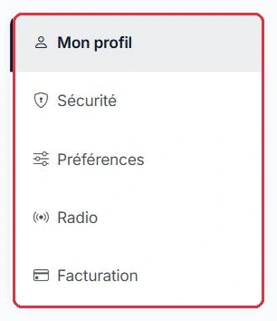 Les cinq onglets de la page Paramètres