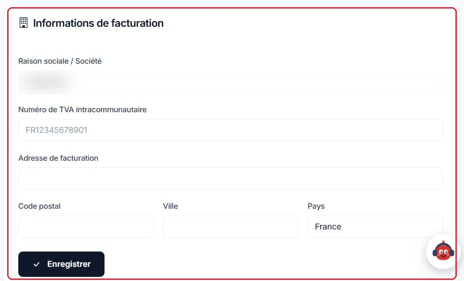Raison sociale, numéro de TVA et adresse de facturation