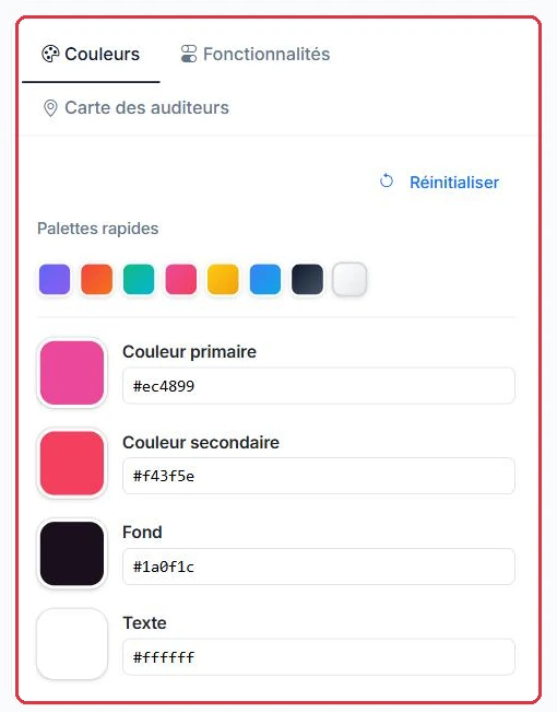 Les palettes rapides, puis les quatre couleurs réglables une à une