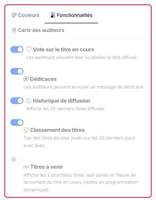 Les cinq interrupteurs, chacun avec ce qu il ajoute au player