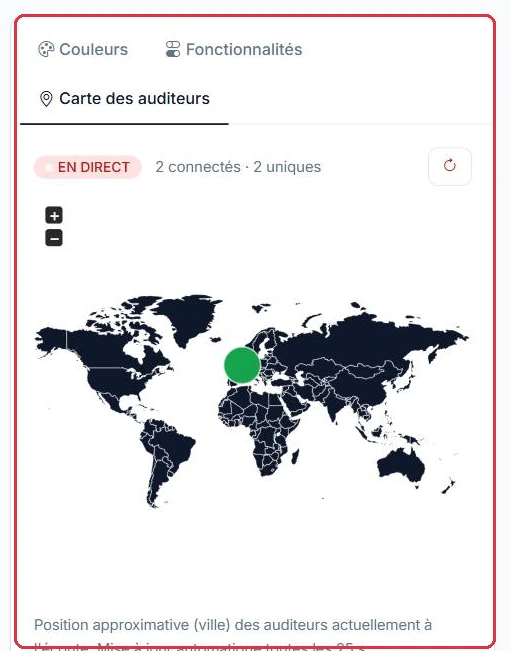 La carte en direct : nombre de connectés et position approximative