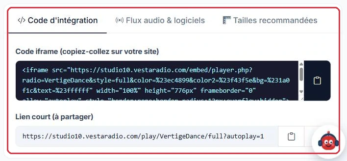 Le code iframe à copier-coller et le lien court à partager