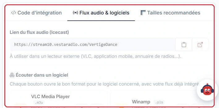 L URL du flux Icecast et les raccourcis vers les logiciels d écoute