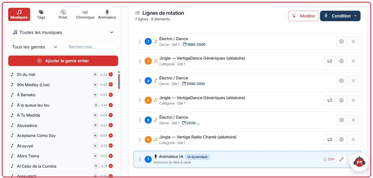 L'éditeur complet : la palette à gauche, les lignes de rotation à droite.