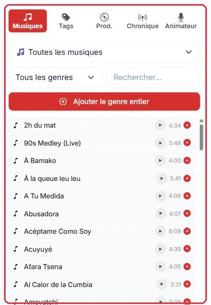 L'onglet « Musiques » : filtre par source, par genre, recherche et « Ajouter le genre entier ».