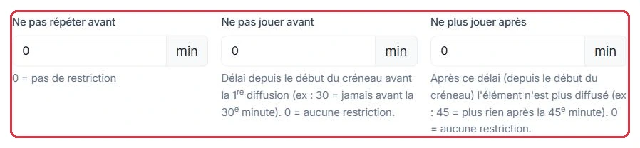 Les trois délais de la fenêtre Options, en minutes, avec leur aide en dessous.