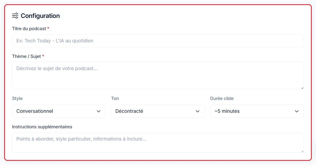 Titre, thème, style, ton, durée cible et instructions supplémentaires