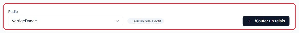 Le sélecteur de radio, l état des relais et le bouton « Ajouter un relais »
