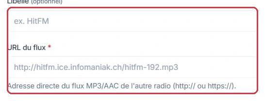 Le libellé, facultatif, et l URL du flux à relayer
