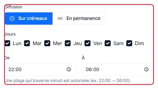 Le choix « Sur créneaux » ou « En permanence », puis les jours et les heures