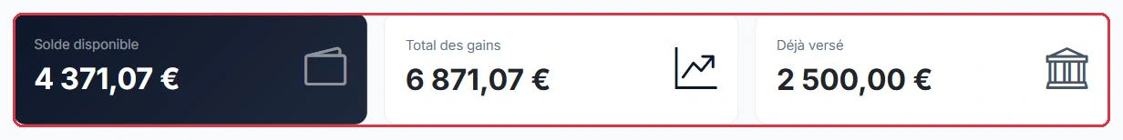 Solde disponible, total des gains et montant déjà versé