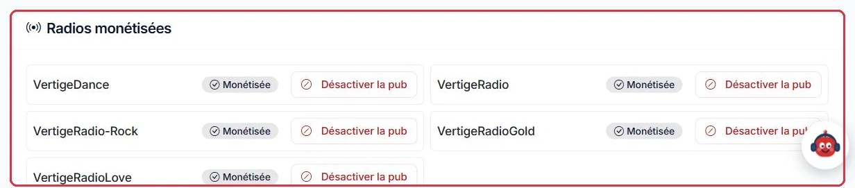 La liste de vos radios monétisées, avec le bouton pour désactiver la pub