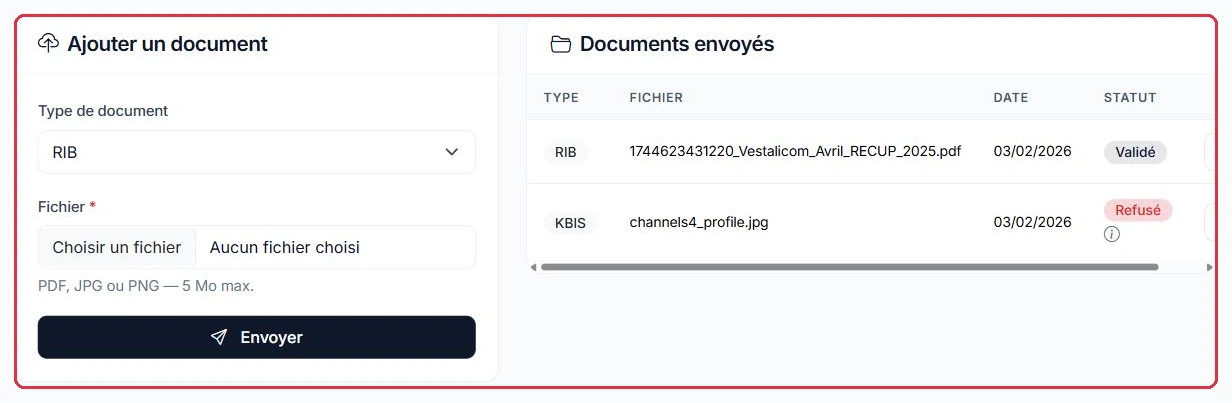 Envoi du RIB et du KBIS, et statut de chaque document