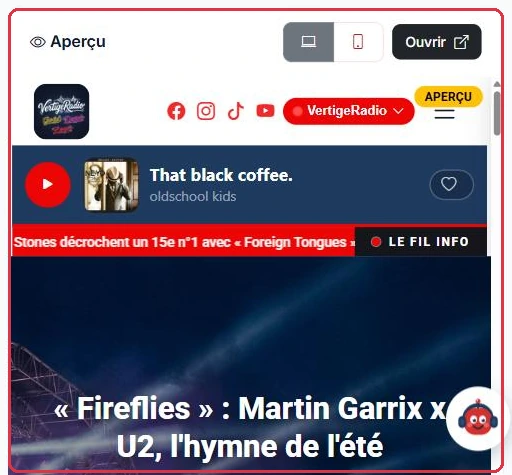 L'aperçu en direct, avec la bascule bureau / mobile et le bouton « Ouvrir ».