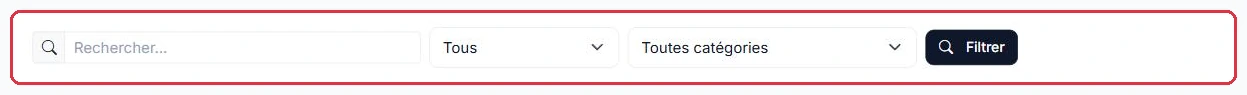 La barre de filtres : recherche, statut et catégorie.