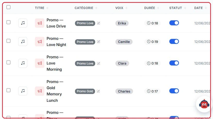 La liste des spots : titre, catégorie, voix, durée, statut et date.