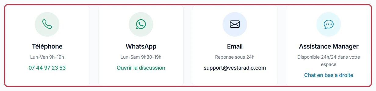 Téléphone, WhatsApp, email et Assistance Manager, avec leurs horaires