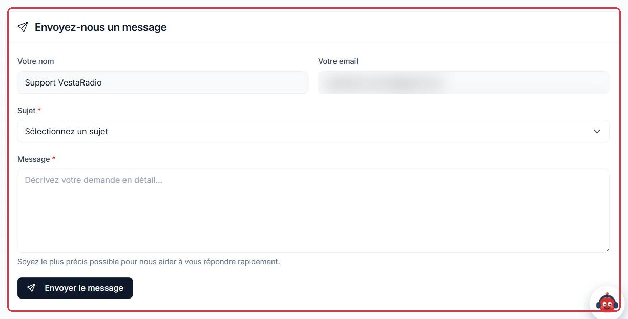 Nom et email pré-remplis, sujet à choisir, message à détailler